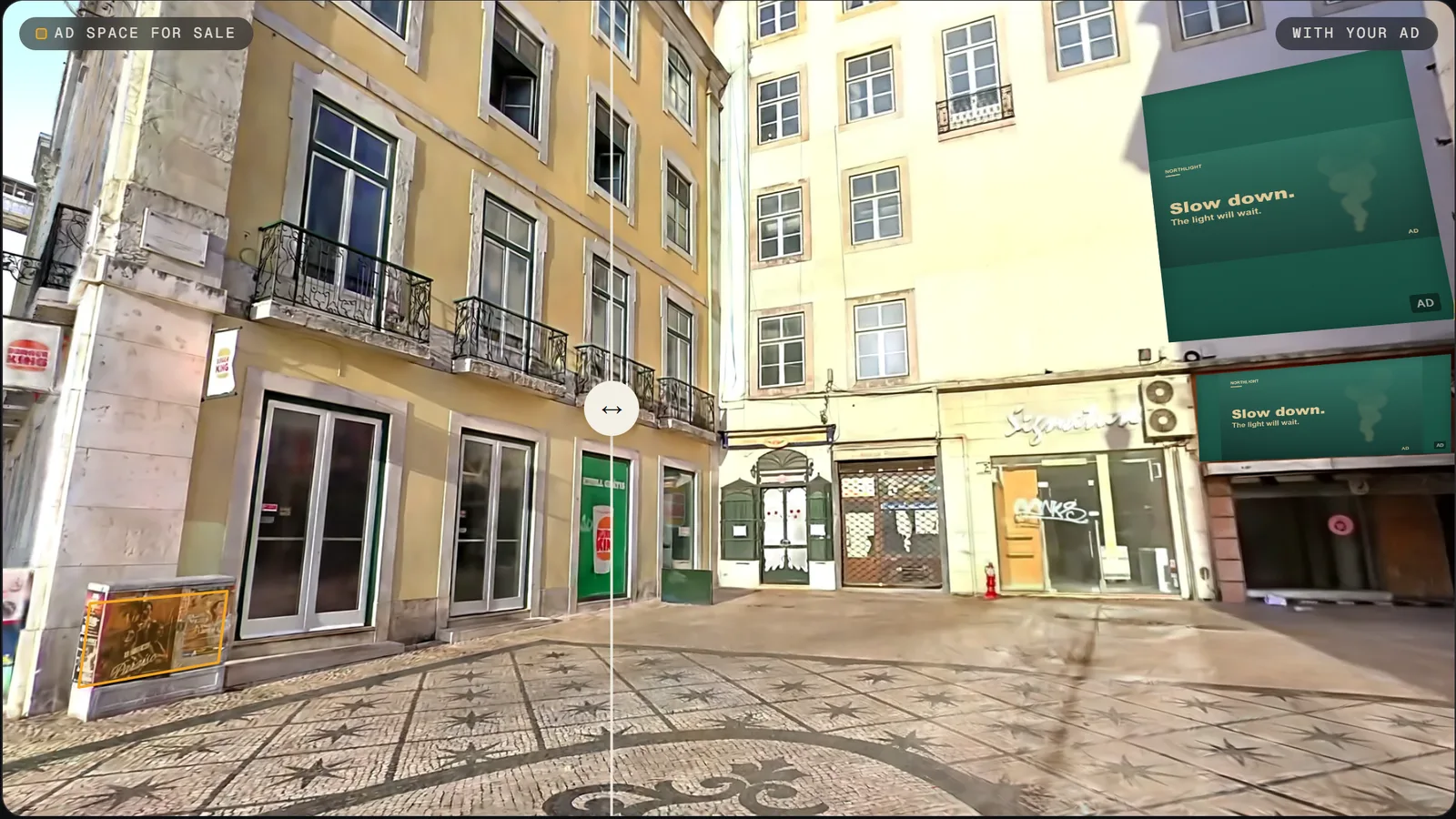 The same street twice: the walls we measured, then with an ad on them, in true perspective.